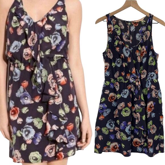 Rebecca Taylor Fit & Flare Dress Silk Sheer Navy Floral Print Sleeveless Women 8 - Picture 1 of 10